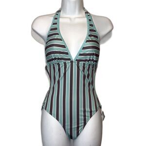 Popina one piece swim suit cabana stripe aqua Small